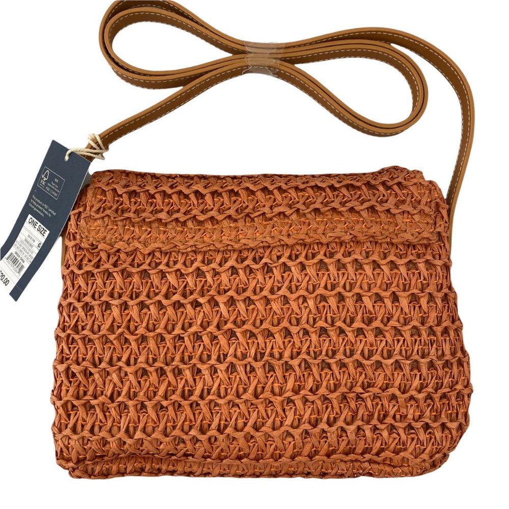 Universal Thread Orange & Tan Straw Flap Magnetic Closure Crossbody Bag - Picture 3 of 6